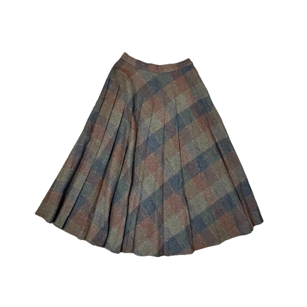 Vintage Casual Corner 80s Plaid Midi Skirt Brown Orange Blue Wool Blend Sz 9/10